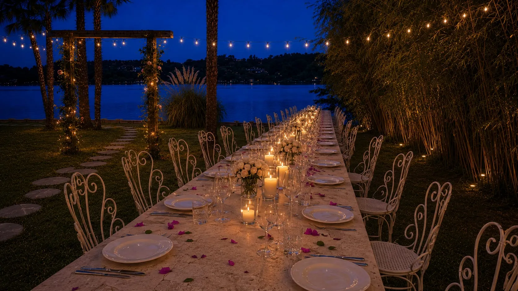 Cena di matrimonio a lume di candela sul lago
